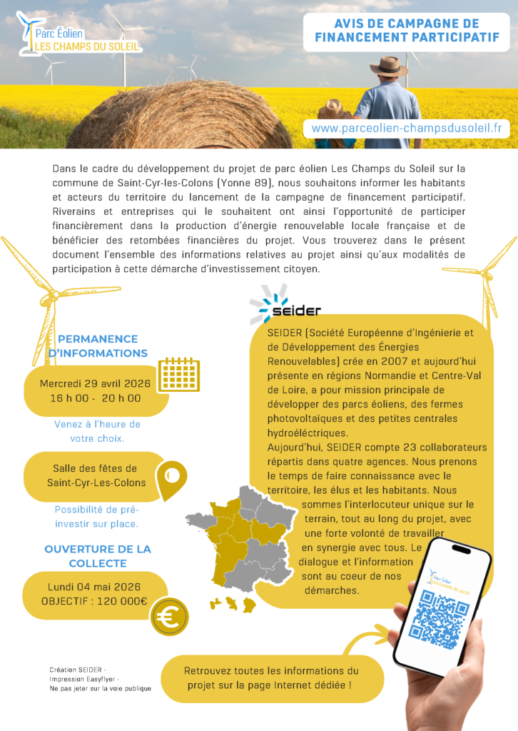 Financement participatif éolien Saint Cyr les Colons SEIDER